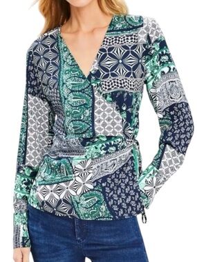 LOFT Patchwork Wrap Top in Navy/White/Green Size XL
